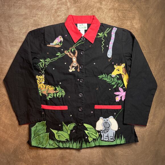 Quacker Factory Beaded Zoo Animal Safari Jacket Multicolor Black Embroidered - Picture 1 of 11